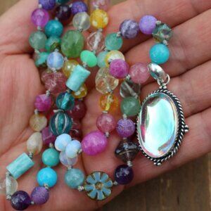 Rainbow Mystic Topaz Pendant on a Hand-Knotted Gemstone Necklace, One-of-a-Kind